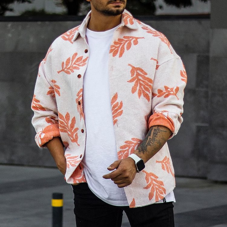 Men's Casual Leaf Geometric Pattern Shirt Jacket