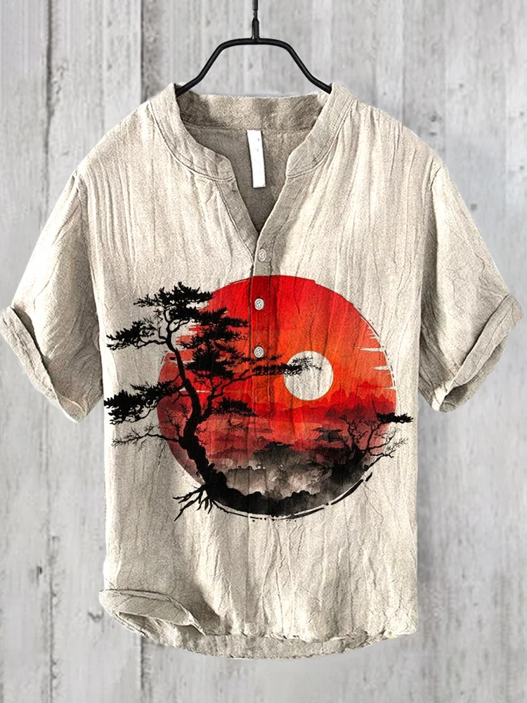 Comstylish Pine Sunrise Japanese Art Linen Blend Shirt