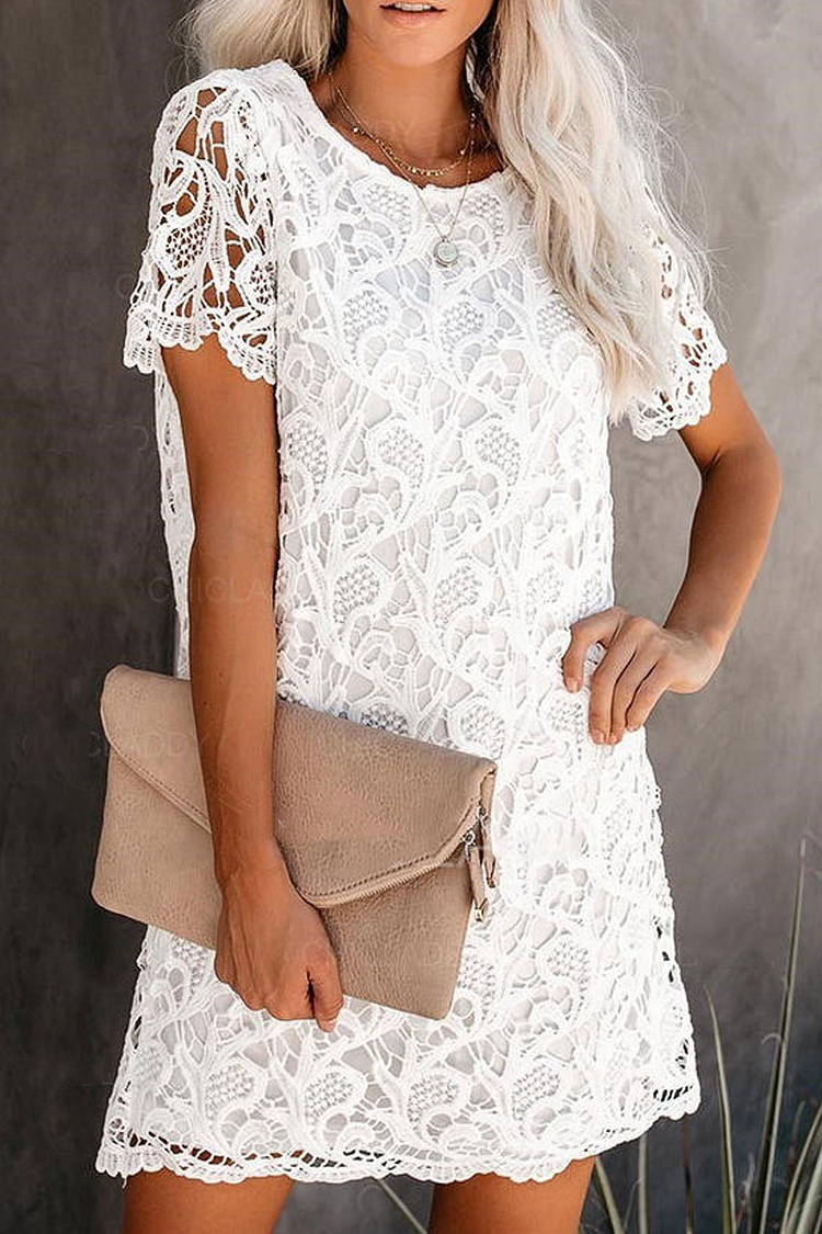 KarliDress Round Neck Hollow Lace Mid-length Dress P12735