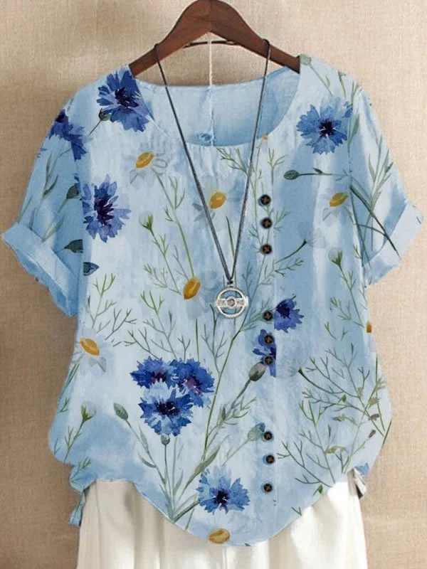 Vintage Cotton Linen Flora Print Loose Casual Short Sleeve T-Shirt Top