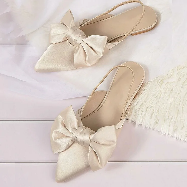 Beige Satin Bow Slingback Pointed Toe Flats Vdcoo