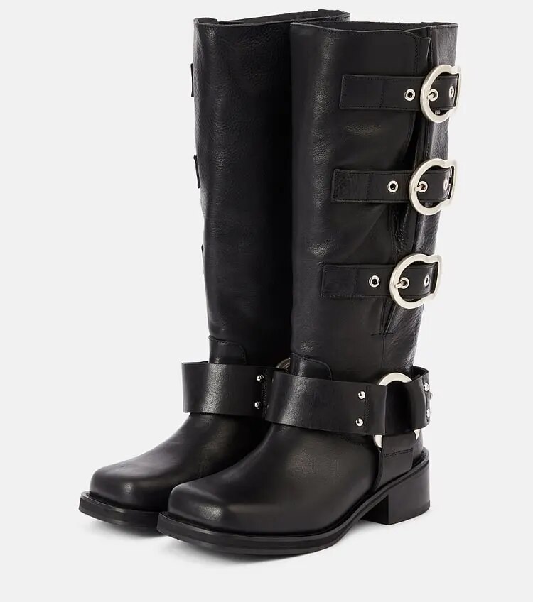 TAAFO Black Square Toe Block Heel Shoes Vintage Calf High Buckle Boots Ladies Shoes Thigh Boot