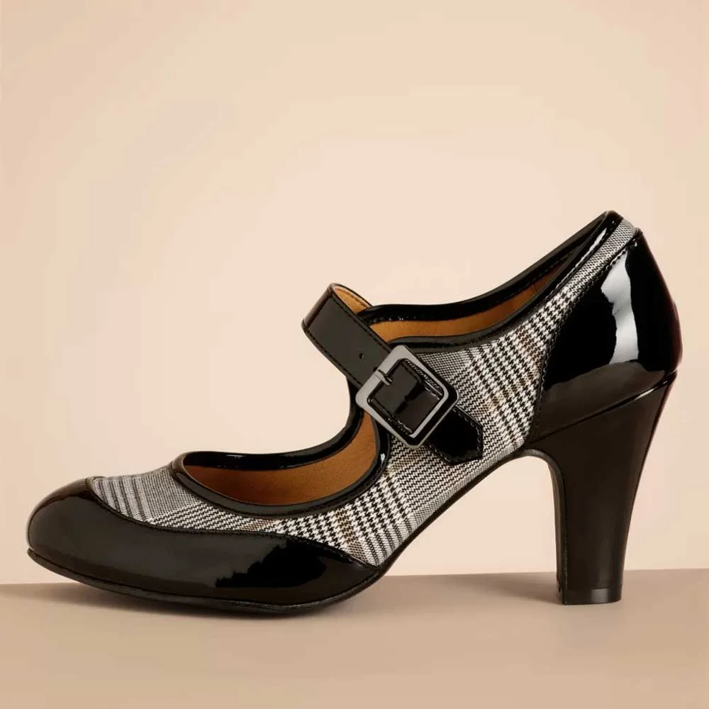 Black Patent Leather Round Toe Buckled Strappy Mary Janes With Chunky Heels Nicepairs