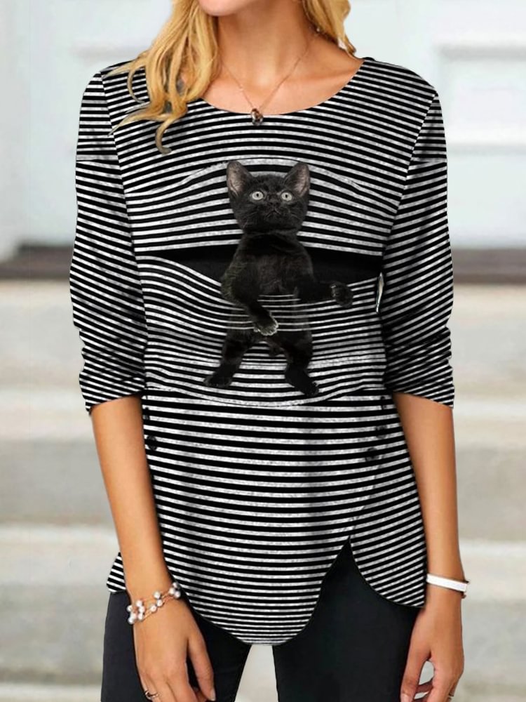 Funny Black Cat Striped Button Slit T Shirt