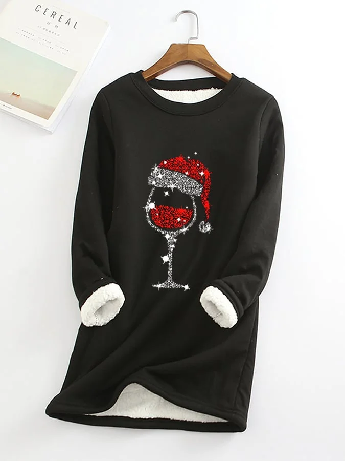 Women's Christmas red wine glass fleece slim fit warm mid-length top socialshop