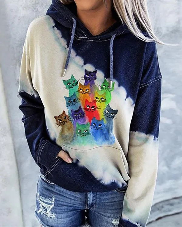 Ladies Cat Pattern Print Hoodie