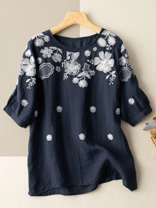 Vintage Embroidered Round-Neck Short Sleeves Shirts