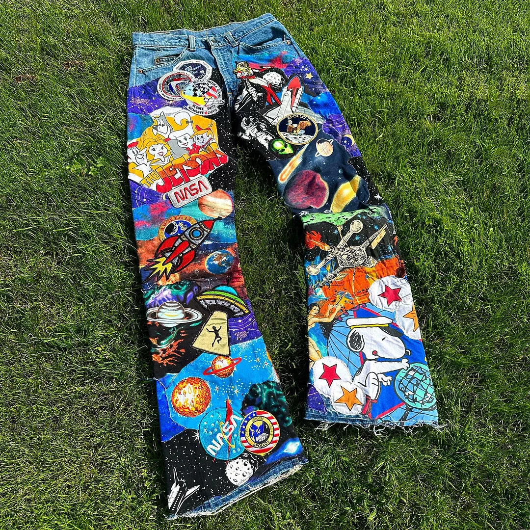 Limited sale of casual street patchwork printed denim trousers