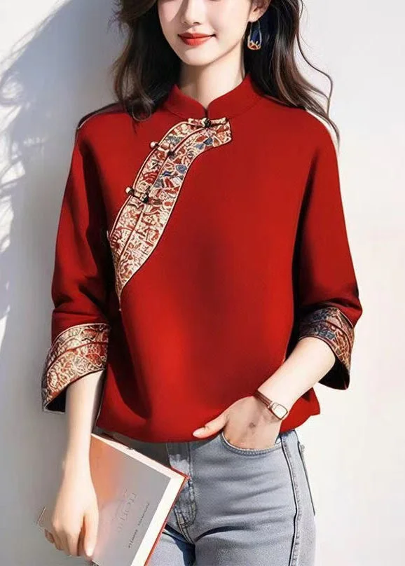 Beautiful Red Mandarin Collar Patchwork Cotton Pullover Tops Spring