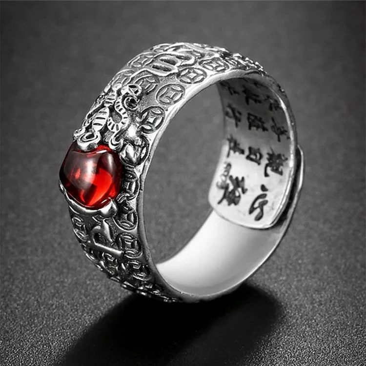 Sterling Silver FengShui PiXiu Red Garnet Wealth Ring