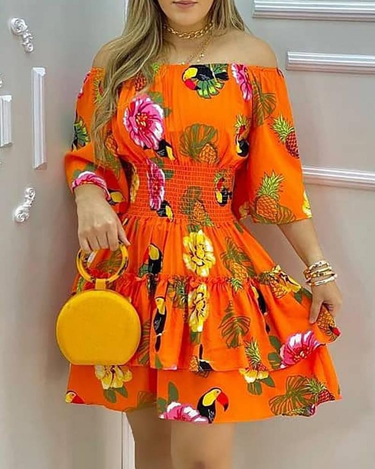 Fashion Elegant Fruit Print Off Shoulder Short Sleeve Kawaii Fairy High Waist Pleated A-Line Dress Summer Women's Party Dress - BlackFridayBuys