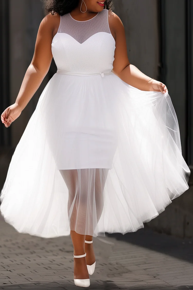 Xpluswear Design Plus Size Wedding Guest White Round Neck See Through Tulle Midi Dresses [Pre-Order]