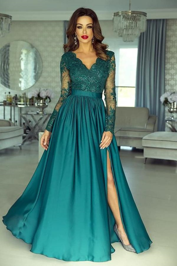 Bellasprom Dark Green Evening Dress Lace Appliques With Slit Long Sleeves Bellasprom