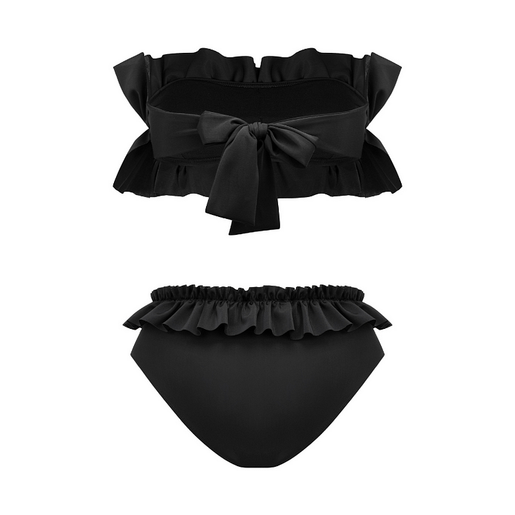 Bandeau Ruffle Solid Black Bikini Swimsuit