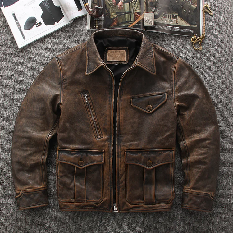 TIMSMEN Vintage Distressed Casual Lapel Leather Biker Jacket
