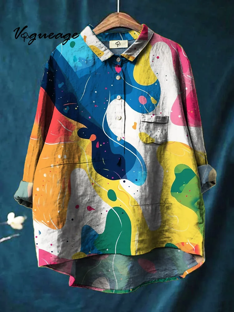 Graffiti Color Blocks Bright Print Cotton And Linen Shirt