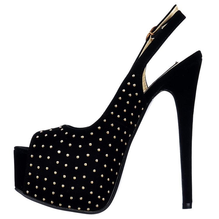 Black Studs Shoes Slingback Heels Peep Toe Platform Pumps |FSJ Shoes