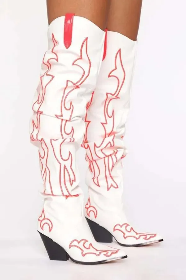 VCSHOES Female Neon Flame Embroidery Chunky Heels Thigh Boots Blue White Leather Pointed Toe Punk Over The Knee Boots