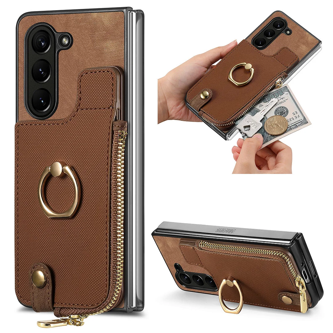 Luxury Retro Leather Phone Case With 2 Cards Wallet,Zipper Slot,Rotating Ring Kickstand For Galaxy Z Fold5