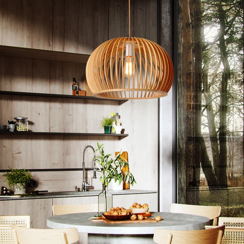 Natural Wood Round Pendant Light For Kitchen Island Dining Table