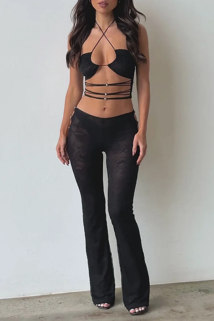 Strappy Crop Top See Through Cutout Pants Matching Set