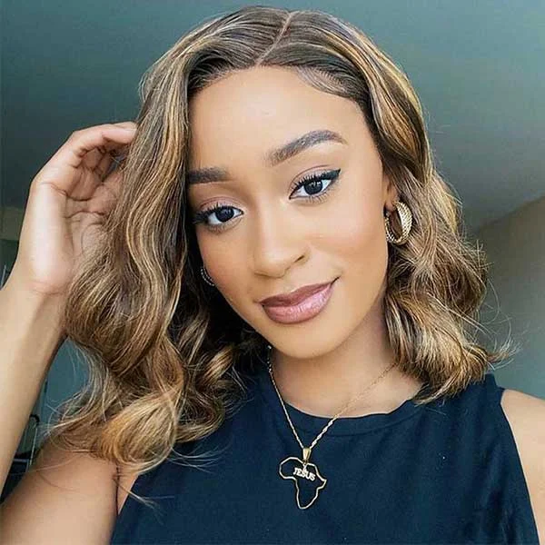 Short Bob Wig Ombre Brown Highlight Body Wave 4x4 Lace Closure Wig