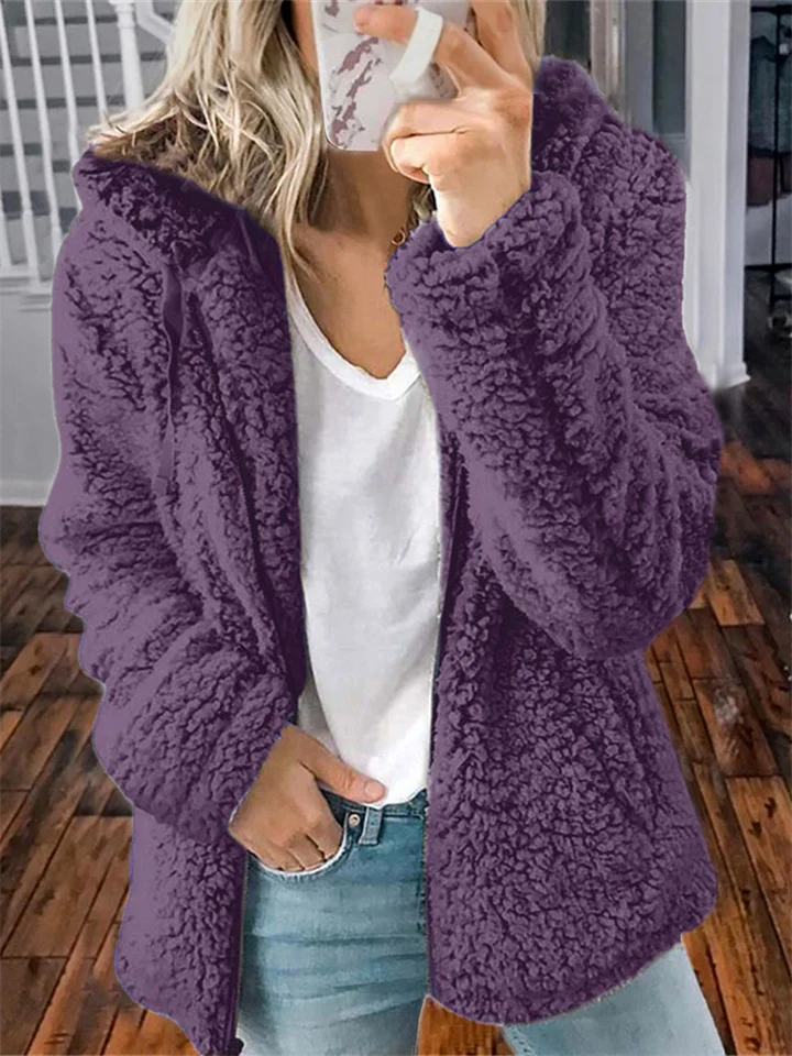 Women's Teddy Coat Sherpa jacket Fleece Jacket Regular Full Zip Coat Black Blue Purple Pink Army Green Chic & Modern Dailywear Fall Zipper Hoodie Loose S M L XL XXL 3XL / Casual / Windproof-JRSEE