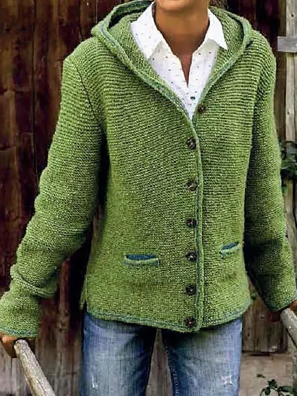 Double pocket hoodie ladies knitted cardigan