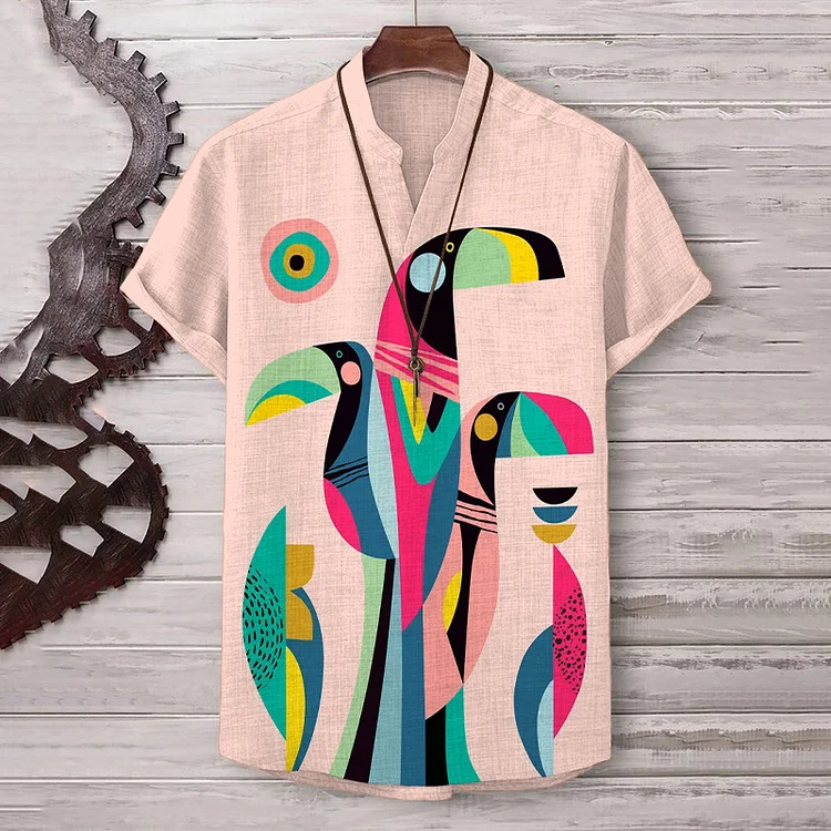 Men's Linen Abstract Birds Color Block Print V Neck Shirt