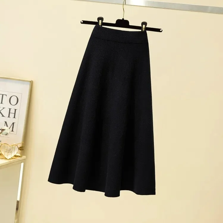 Ueong A-Line Winter Knitted Skirts Women Elastic Waist Long Midi Skirt Slim High Waist Casual Loose Knitwear Striped Warm M648