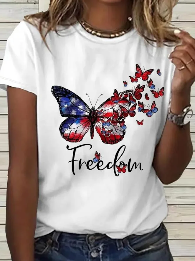 Casual Crew Neck Freedom Print Women's T-shirt