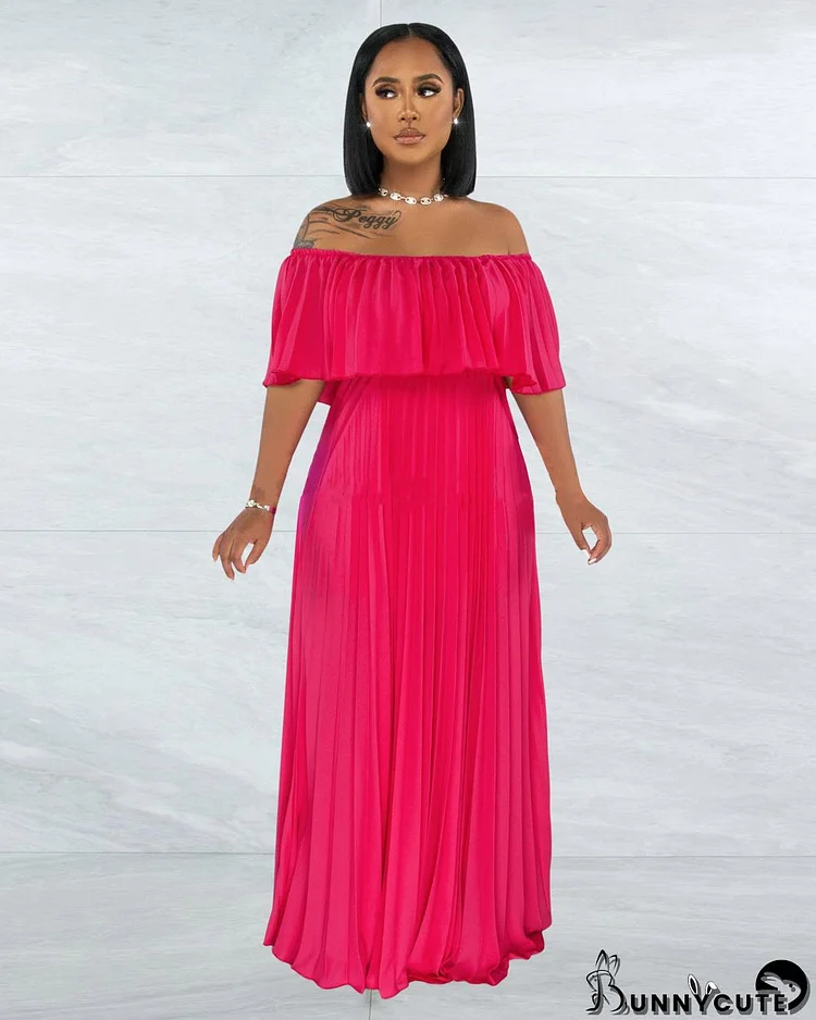 Women's Spring Summer Off Shoulder Chiffon Pleated Solid Color Maxi Dress with Lining