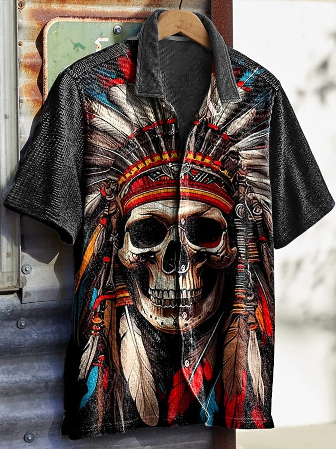 Men's Vintage Western Skull Floral Print Waffle Shirt socialshop