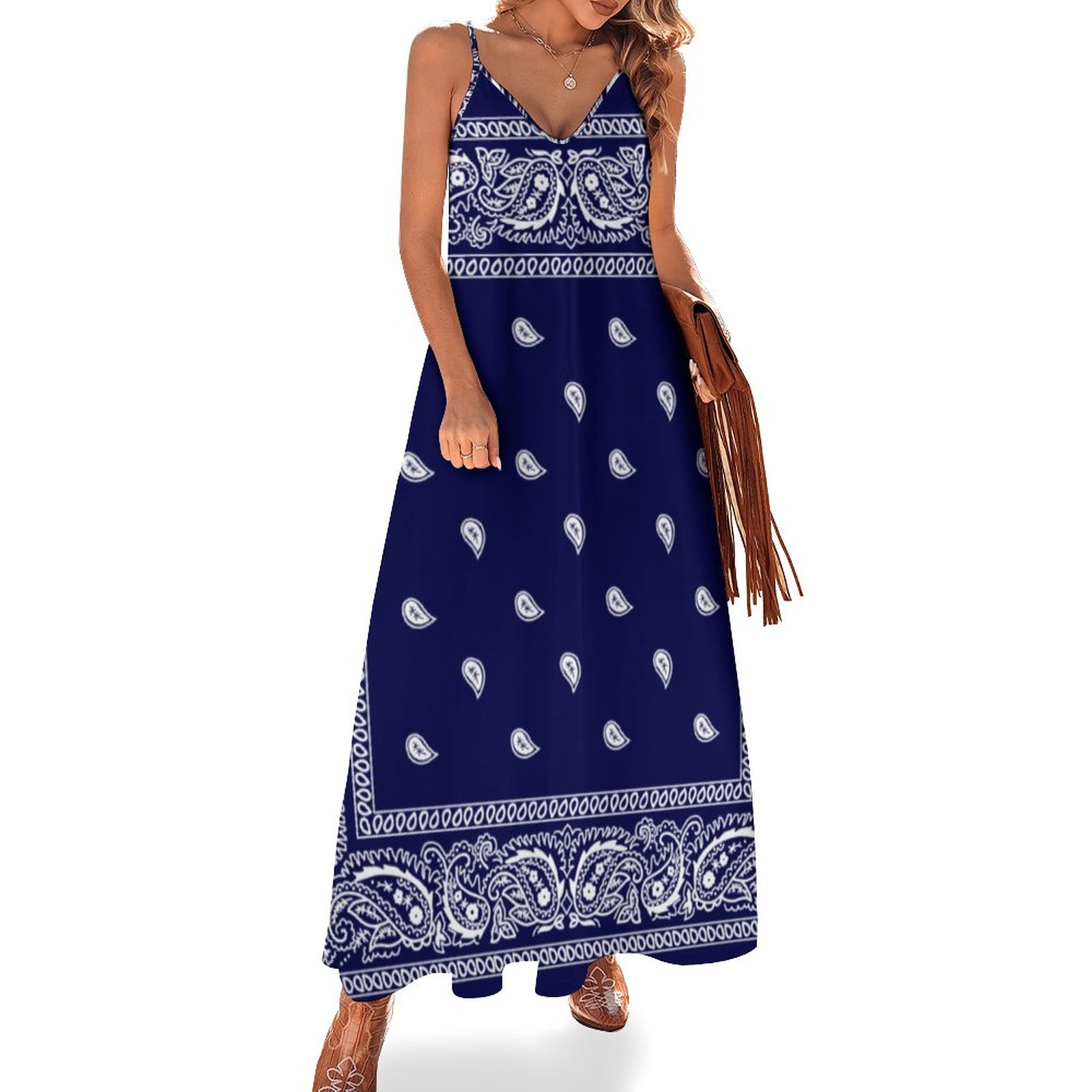 Bandana True Blue Women's Casual Strappy V Neck Sleeveless Flowy Loose Long Maxi Beach Dress Sundress Blue-5XL