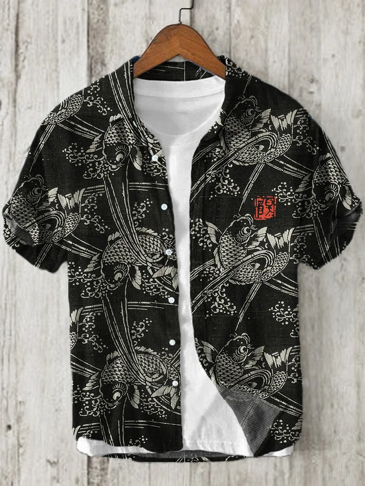 Koi Fish Sea Waves Japanese Lino Pattern Linen Blend Shirt