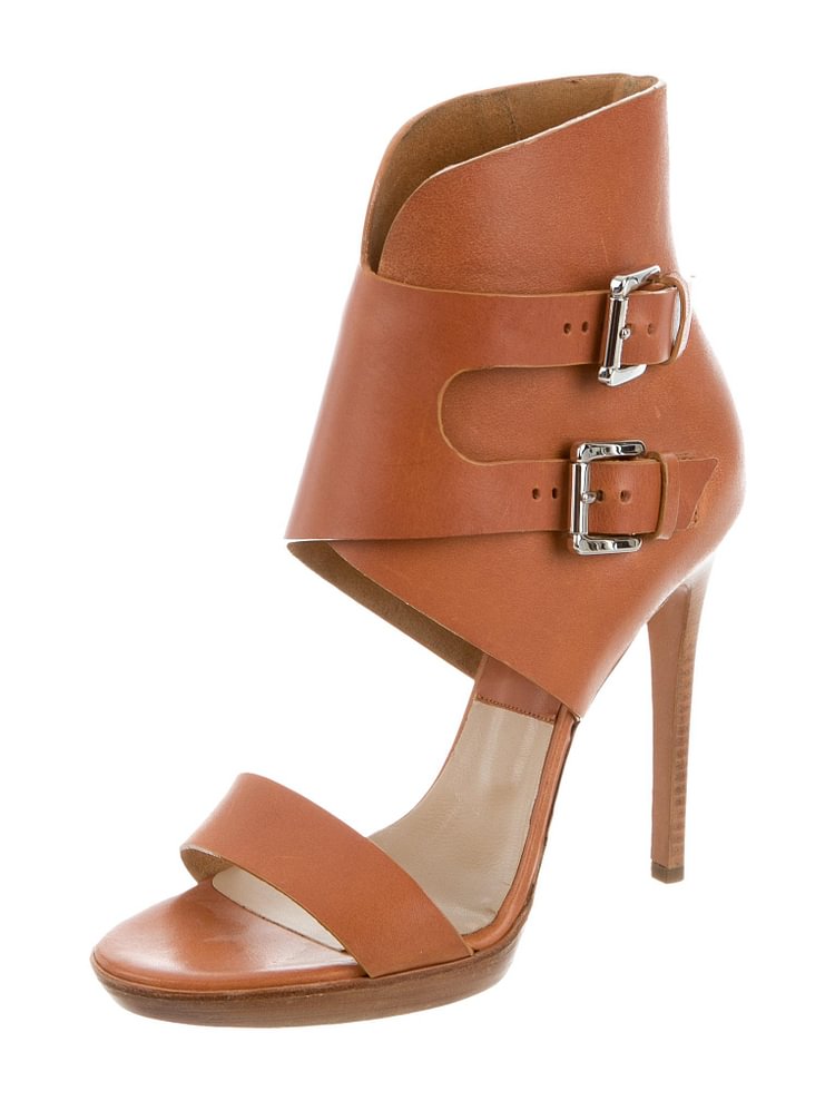 Open Toe Tan Sandals High Heels Buckles Platform Sandals for Women |FSJ Shoes
