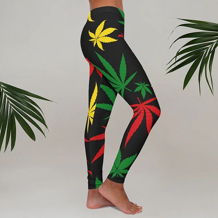 Vefave Rasta Print Marijuana Leaf Print Leggings