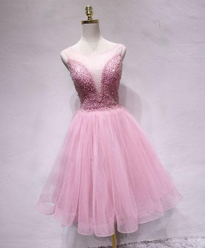 Pink Tulle Sequin Short Prom Dress, Pink Homecoming Dress