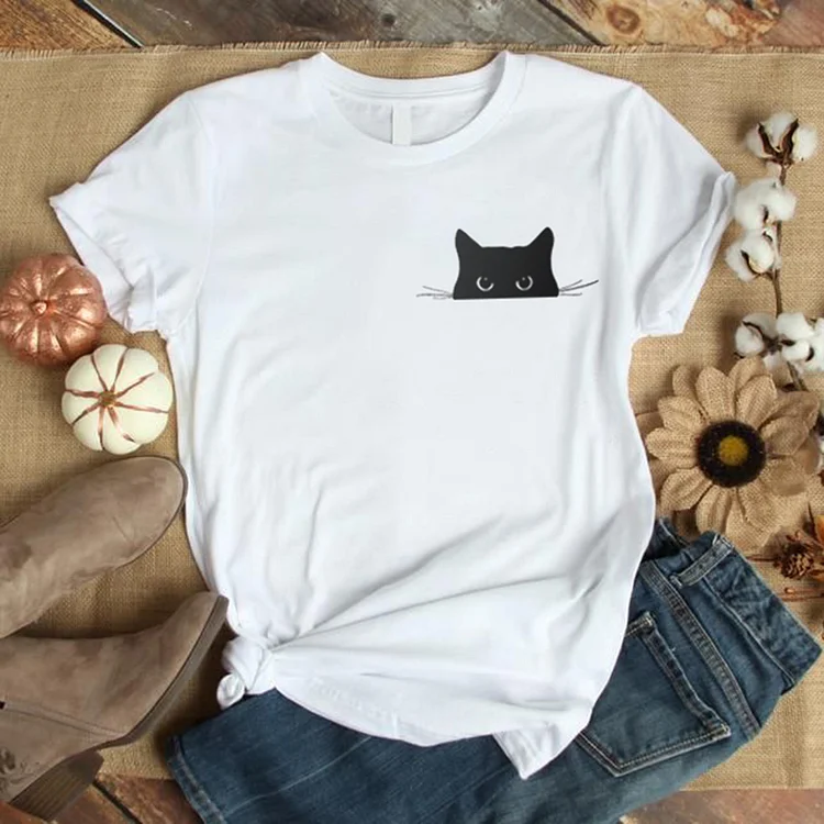 Vefave Cat Print Simple Casual Crewneck T-Shirt