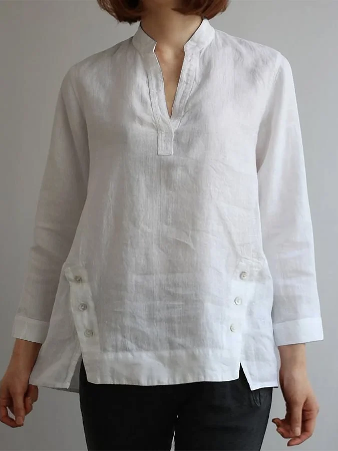 Ladies V-Neck Casual Cotton And Linen Shirt With Irregular Hem Design
