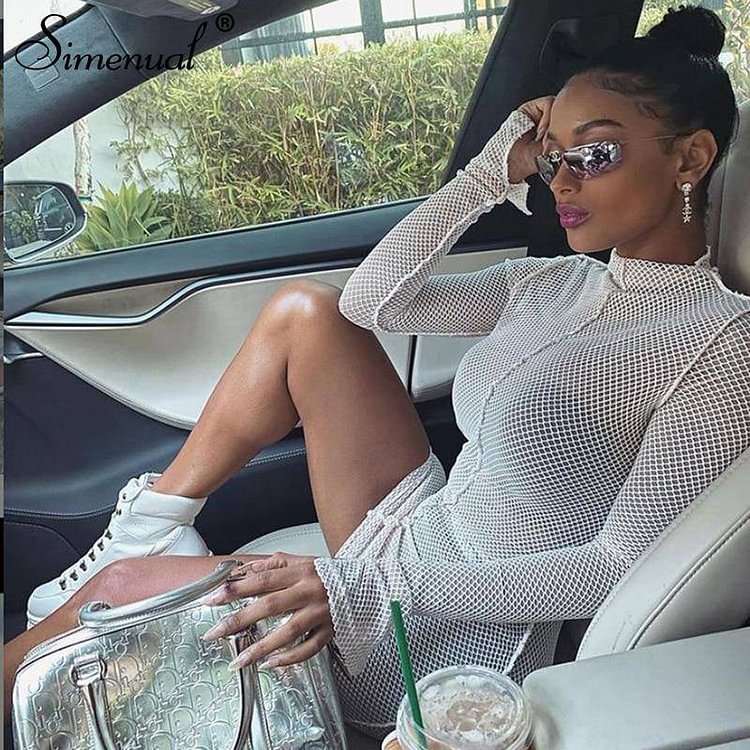 Simenual Mesh Skinny Women Mini Dresses Spring Fashion Clubwear Bodycon Solid Hollow Out Party Dress Sexy Birthday Clothing