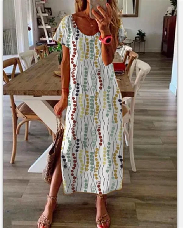 Round Neck Short Sleeve Printed Dress