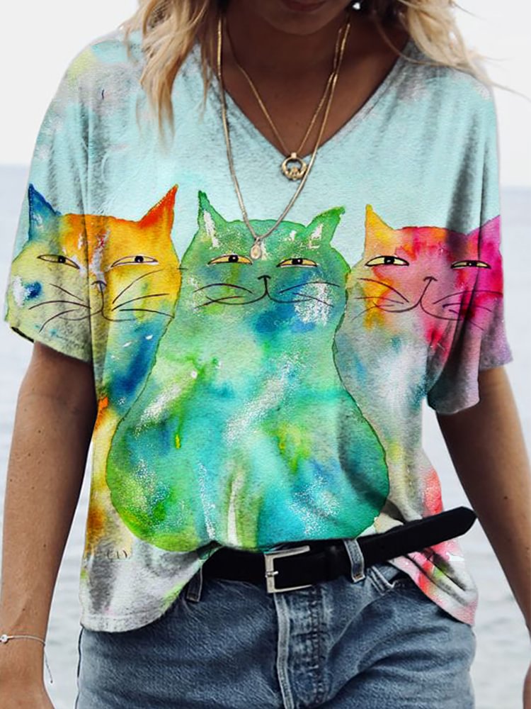 Comstylish Colorful Cats Watercolor Art V Neck T Shirt