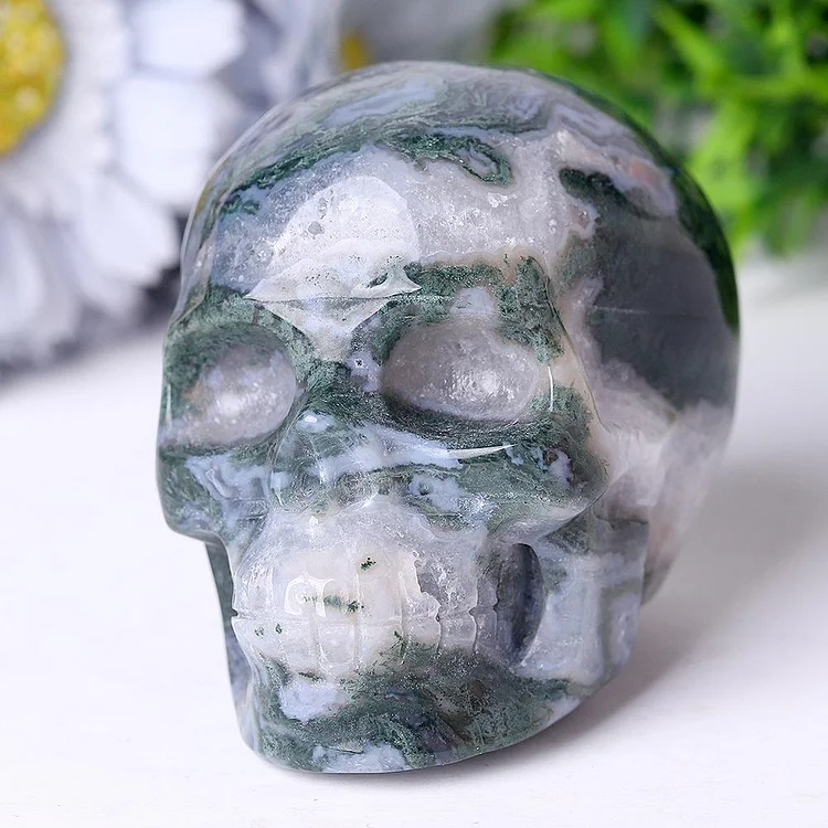 Moss Agate Crystal Skull Carvings