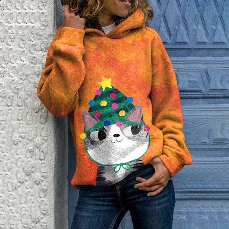 Vefave Christmas Lights Hat Cat Print Hoodie