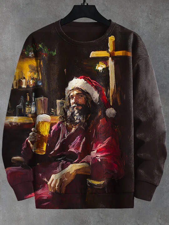 Men's Christmas Jesus Drinks Beer Art Print Casual Sweatshirt