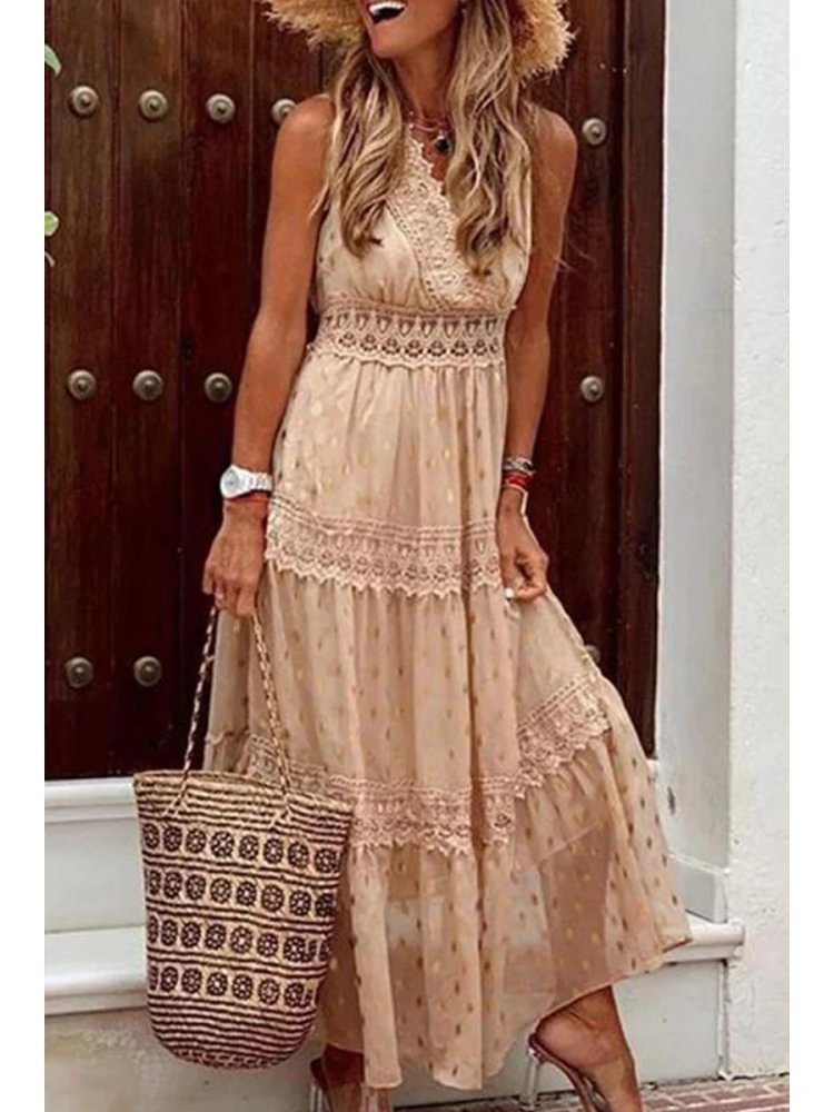Stylish PolkaDots Print Lace V-Neck Maxi Dress P15670