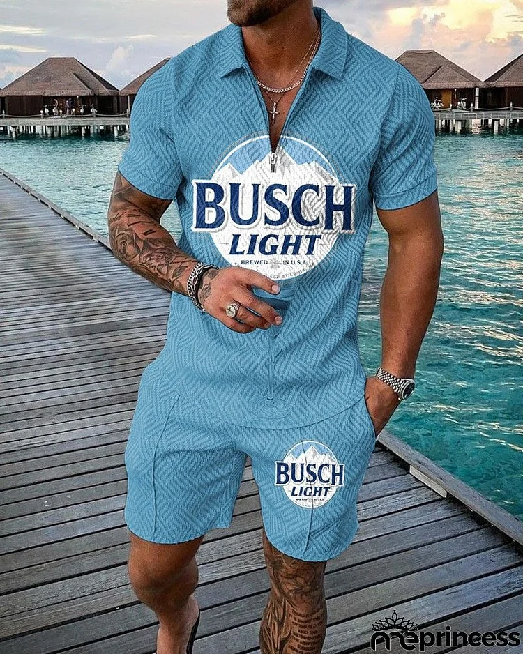 Men Casual Lapel Zipper Printed Short-Sleeved Polo Shirt And Shorts Two-Piece Set