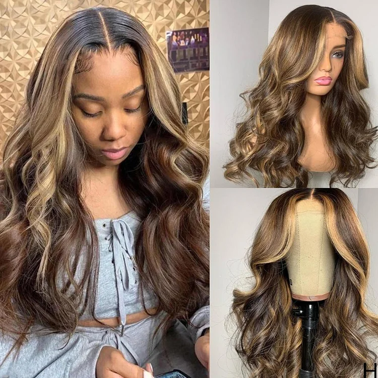 Goddess-like Honey Highlights Brown Body Wave Lace Frontal Wig