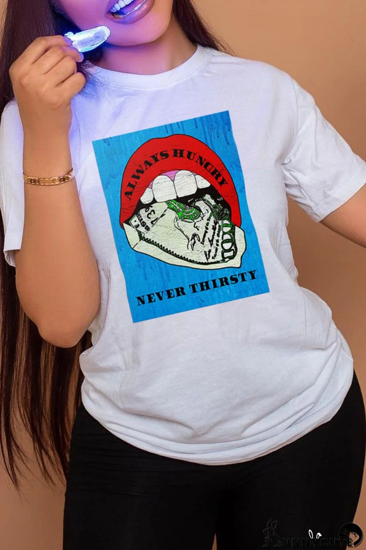 White Fashion Street Lips Printed Patchwork O Neck T-Shirts